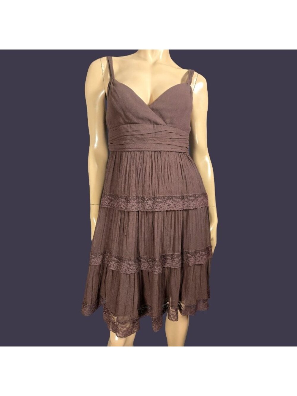BCBG MaxAzria Silk Midi Dress Size 6 Brown Sleeveless Chiffon Lace Tiered Fairy